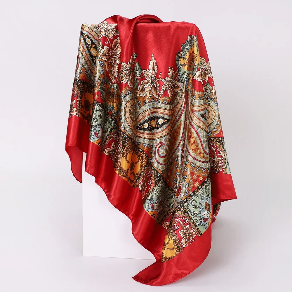 90X90 CM Fashion Print Hair Ribbon Scarf Women Girls Neck Tie Bag Silk Skinny Headscarves Ladies Floral Satin Hair Bandana Wrap