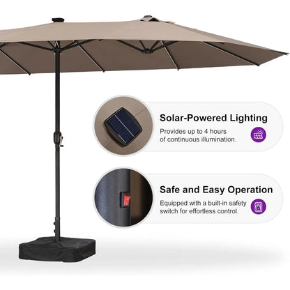 Solar LED Patio Umbrella with Crank, Double-Sided Rectangle Base for Outdoor and Pool Use
