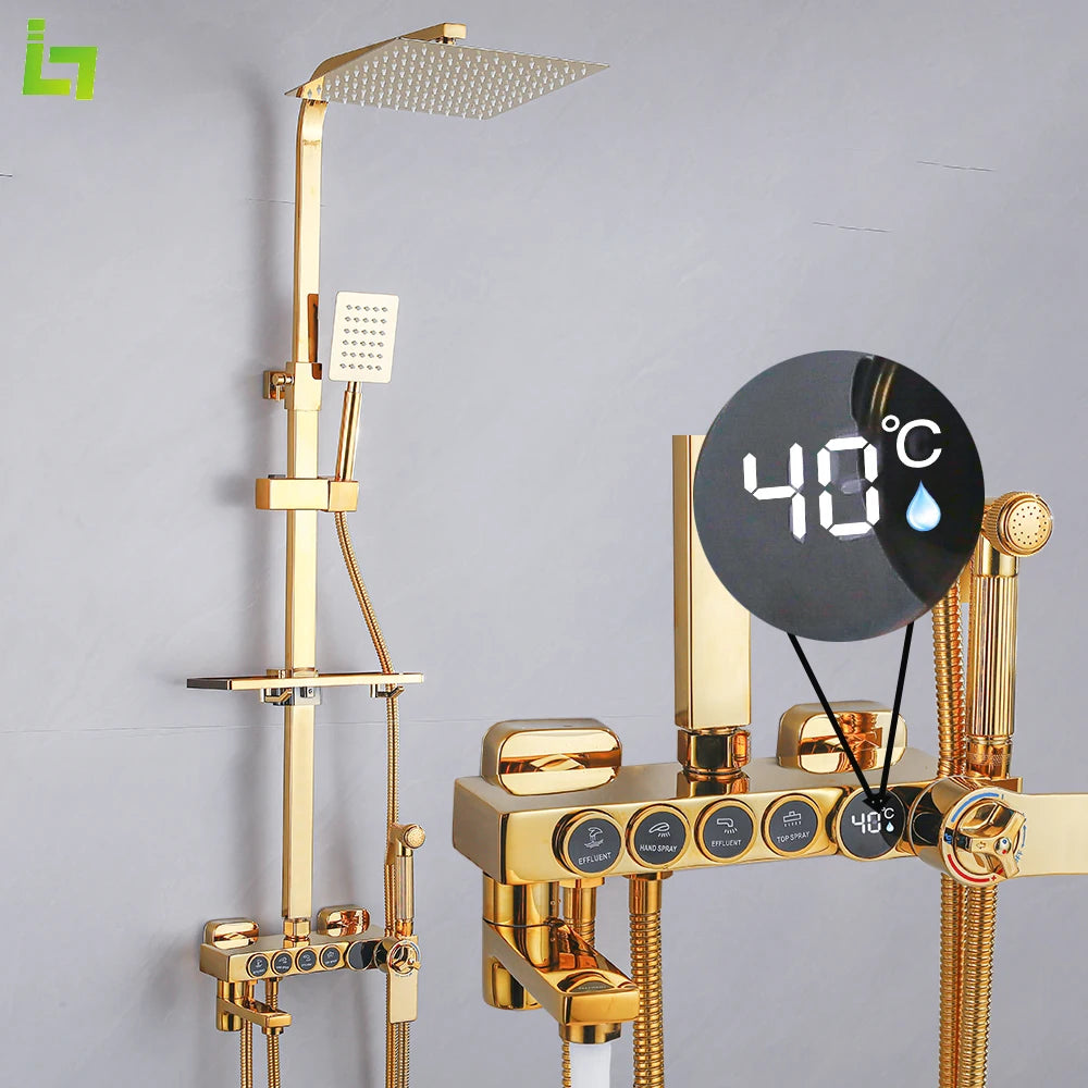 Gold Thermostatic Shower Faucet Set Rainfall Display Bathtub Tap With Bathroom Shelf Multiple Water Outlet Methods