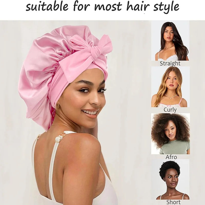 New Silky Bonnet With Elastic Tie Band Hair Bonnet For Sleeping Shower Cap Reusable Adjusting Hair Care Wrap Cap Sleep Caps