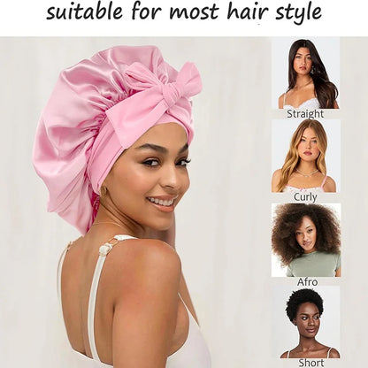 New Silky Bonnet With Elastic Tie Band Hair Bonnet For Sleeping Shower Cap Reusable Adjusting Hair Care Wrap Cap Sleep Caps