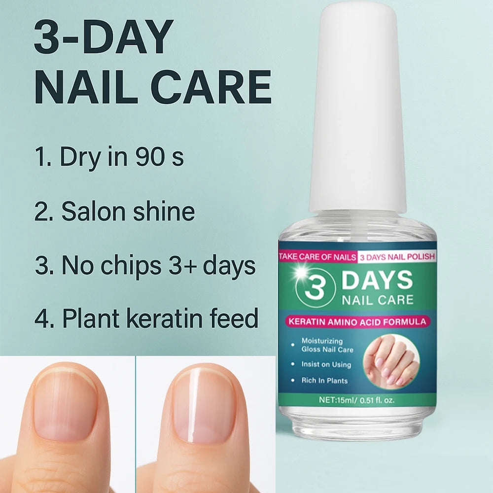3 Days Nail Care Oil Keratin Amino Acid Formula Fast Dry 90s Salon Shine No Chip Deep Moisture Nail Strengthener,15ml