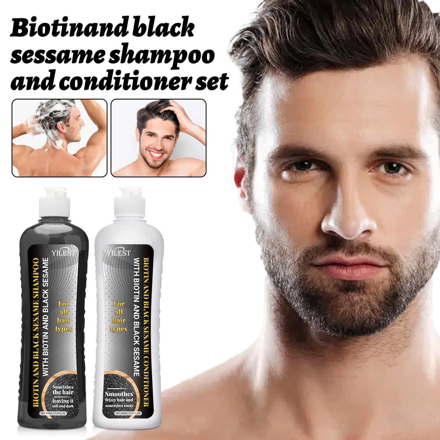 Biotin & Black Sesame Shampoo Conditioner Set Hair Repair Treatment Nourishing & Strengthening 450ml x 2 for All Hair Types
