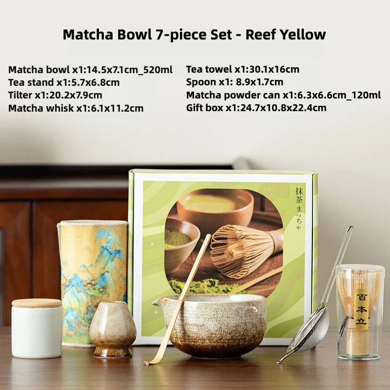 Japanese Matcha Set 7pc Glazed Bowl Whisk Brush Tea Powder Can Complete Tea Ceremony Tools Starter Kit With Full Accessories