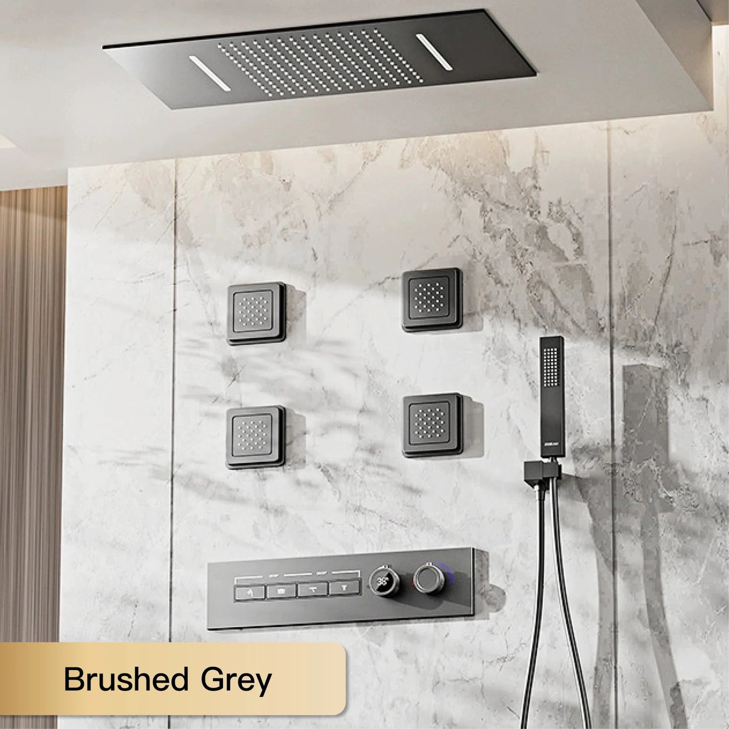 Luxury gun gray brass shower system with ceiling design Hidden LED digital display Dual control of Hot & Cold  bathroom Faucet