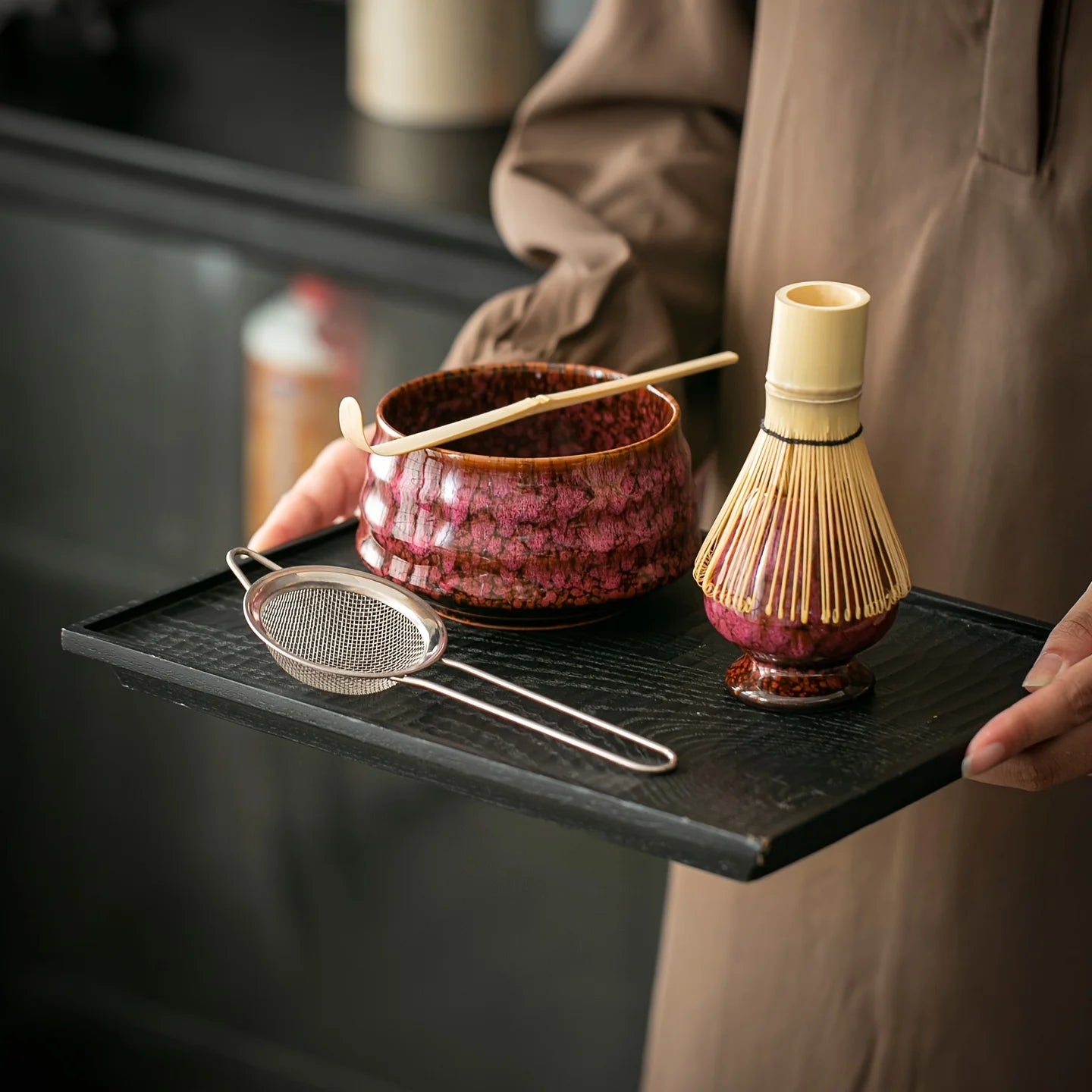 7pcs Set of Kiln-Transformed Glaze Ceramic Matcha Bowl with Tea Spoon, Filter, and  Matcha Brush For Matcha Latte Tea Ceremony