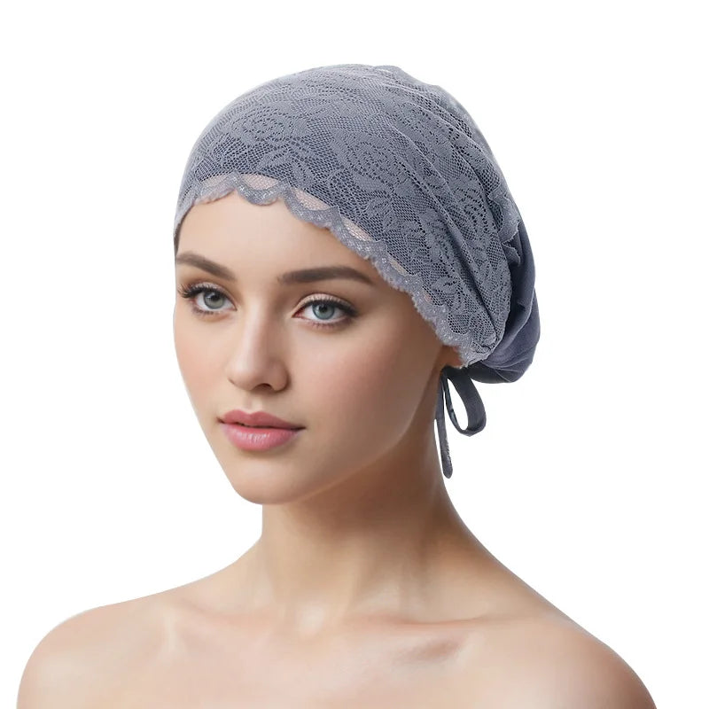 Fashion Women Tie Straps Lace Turban Hat Muslim Under Scarf Hijab Cap Islamic Female Head Wraps Lady Hair Loss Beanie Bonnet