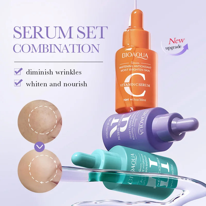 3pcs/set BIOAQUA Vitamin C Retinol Hyaluronic Acid Serum Moisturizing Whitening Anti Wrinkle Facial Essence Skin Care Sets