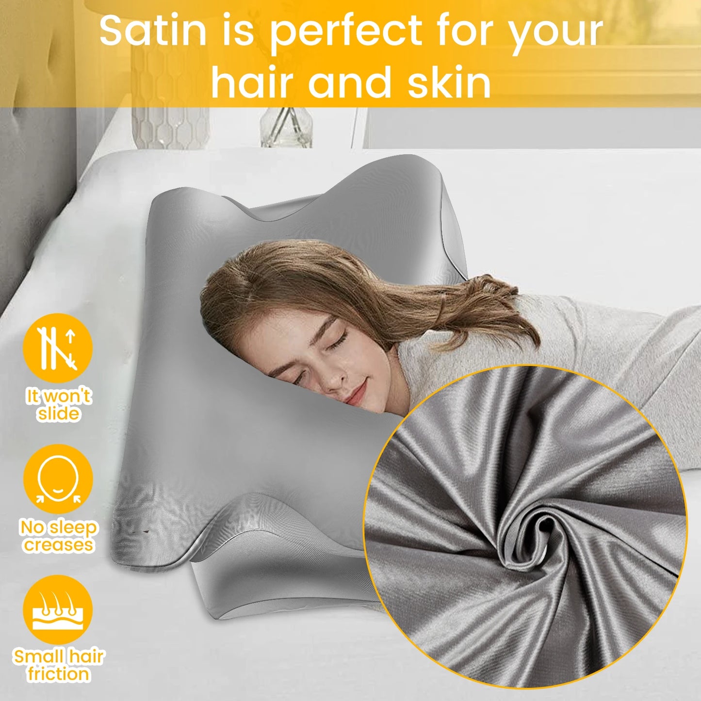 2PCS Smooth Satin Cervical Support Pillow Case Comfortable Machine Washable Ergonomic Sleeping Pillow Cover With Zipper
