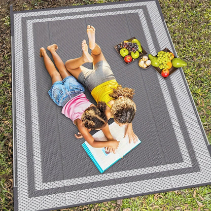 6' x 9' Outdoor Mat with Ground Pegs - Durable PP Material, Gray and White Grid Pattern, Perfect for Patio, Camping and Outdoor