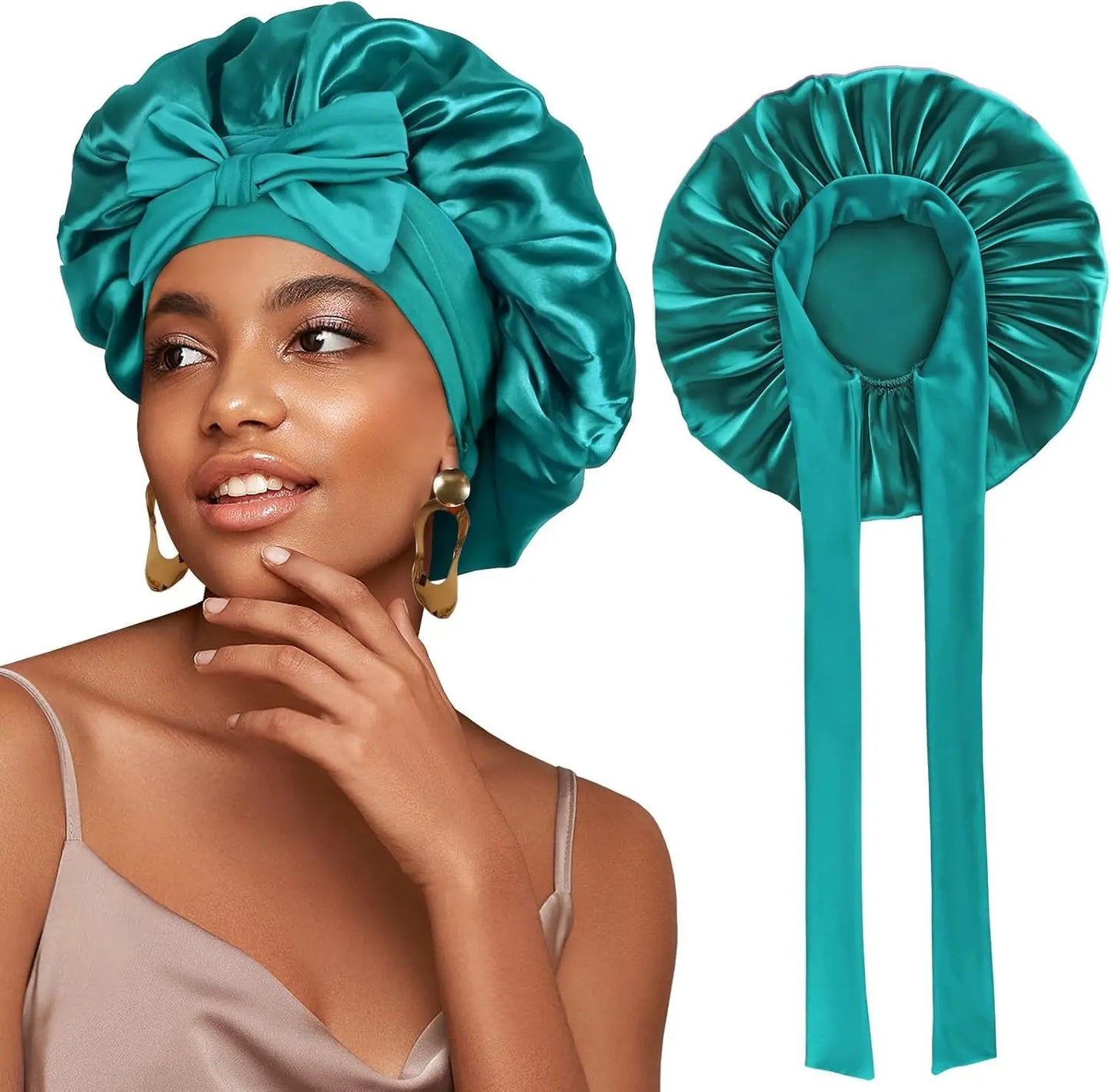 Large Silk Bonnet, Satin Bonnets for Women, Silky Sleep Cap with Tie Band, Braid Bonnet for Sleeping Curly Hair, Silk Hair Wrap,