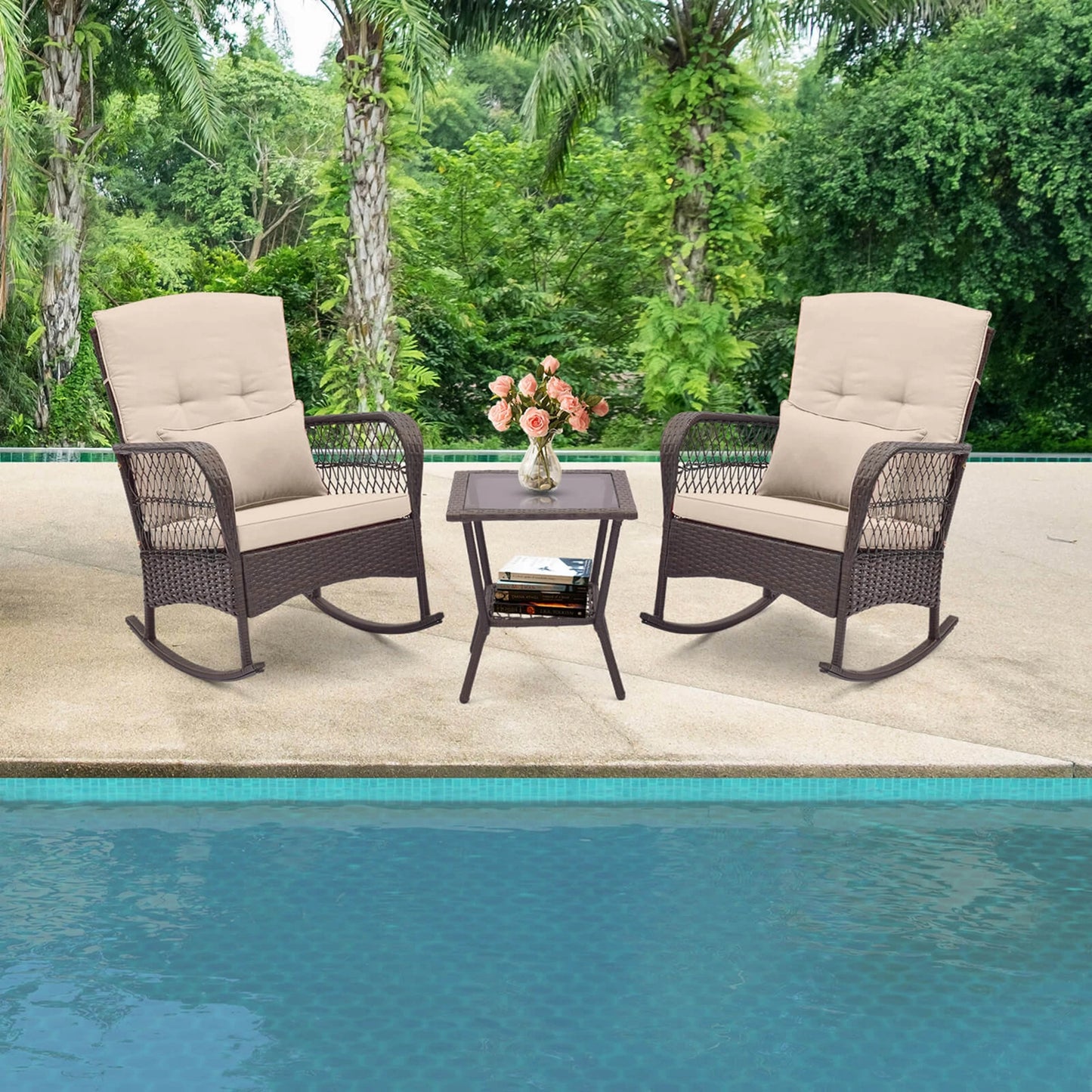 3 PCS Patio Rocker Set Outdoor Wicker Rocking Chairs with Double-Layer Coffee Table Beige
