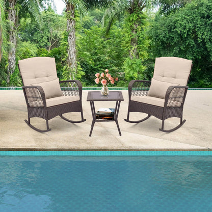 3 PCS Patio Rocker Set Outdoor Wicker Rocking Chairs with Double-Layer Coffee Table Beige