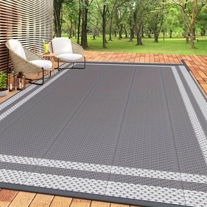 6' x 9' Outdoor Mat with Ground Pegs - Durable PP Material, Gray and White Grid Pattern, Perfect for Patio, Camping and Outdoor