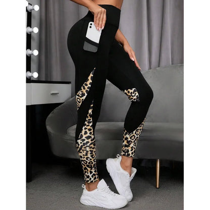 Women Printed Yoga Leggings Leopard Splicing Together Leggings High Waist Butt Lift Fashion Fitness Running with Pocket Legging