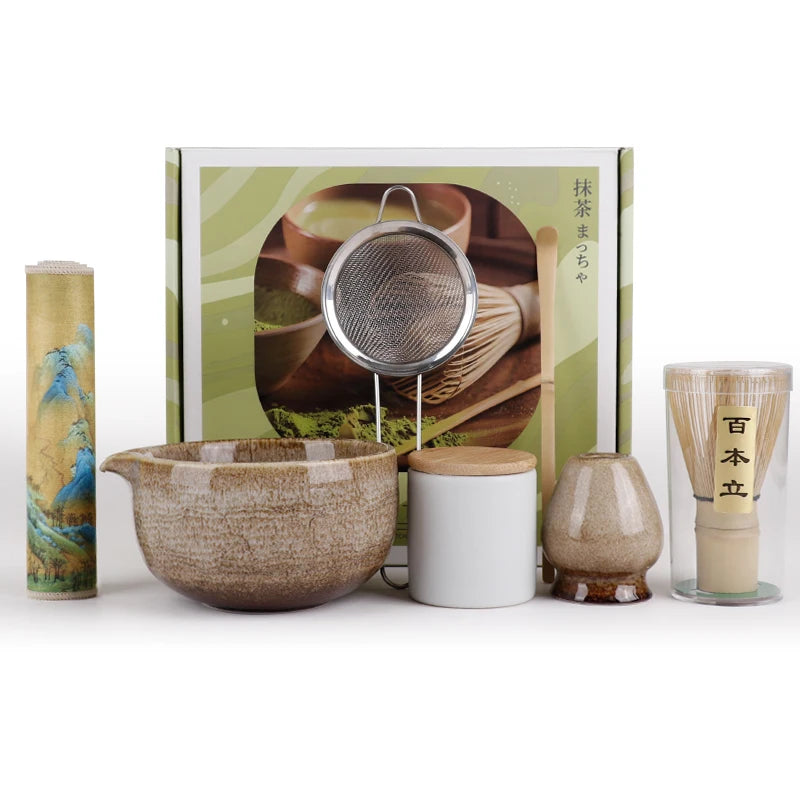 Japanese Matcha Set 7pc Glazed Bowl Whisk Brush Tea Powder Can Complete Tea Ceremony Tools Starter Kit With Full Accessories