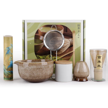 Japanese Matcha Set 7pc Glazed Bowl Whisk Brush Tea Powder Can Complete Tea Ceremony Tools Starter Kit With Full Accessories