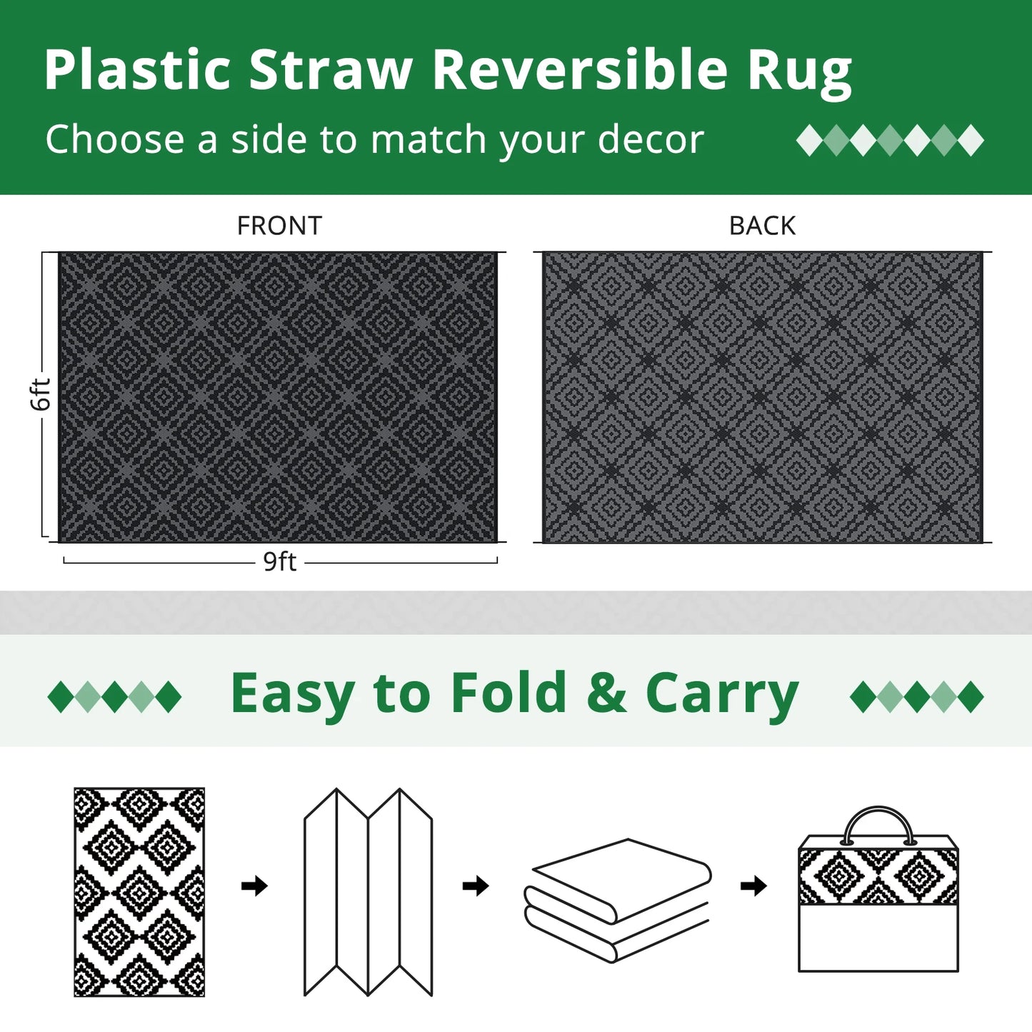 Outdoor Rug Waterproof 6x9FT Reversible Stain & UV Resistant