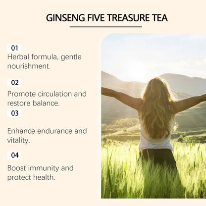 Ginseng Five Treasure Tea Natural Energy Boost Immune Support Herbal Wellness Traditional  Organic Blend Tea Daily Vitality