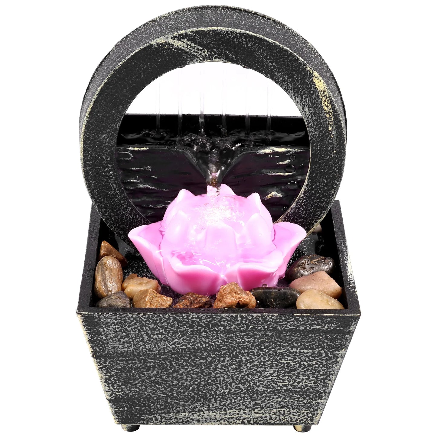 Tabletop Fountain 3-Tiers Lotus Leaf Small Waterfall Fountains Indoor Water Fountain with Rocks and LED Ring Lights Desktop