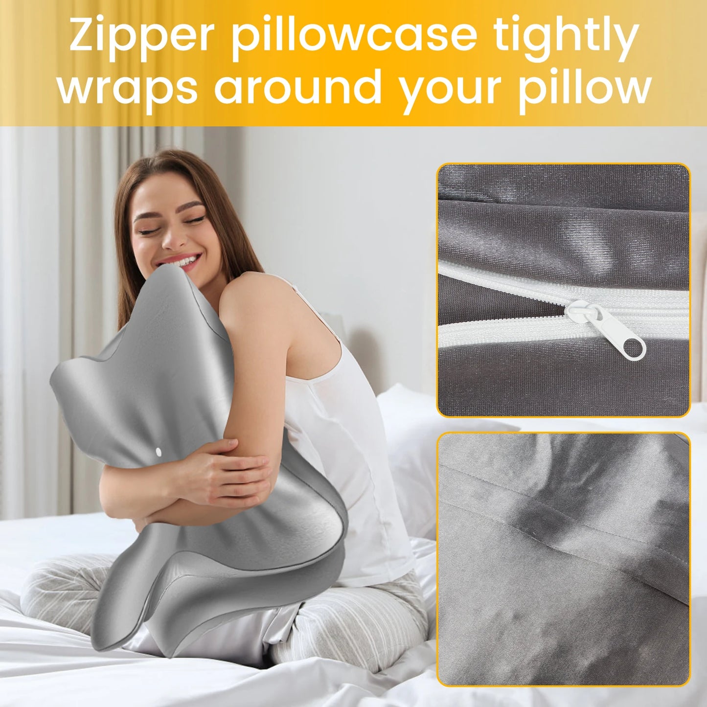 2PCS Smooth Satin Cervical Support Pillow Case Comfortable Machine Washable Ergonomic Sleeping Pillow Cover With Zipper