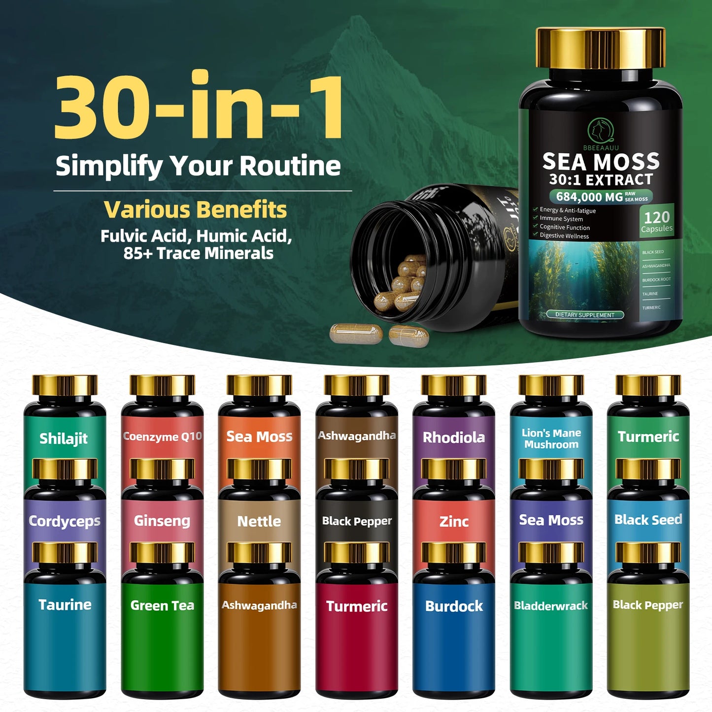 BBEEAAUU Seamoss and Shilajit Multi in 1 Supplement with Black Seed,Ashwagandha,Burdock Energy, Antioxidants and Immune Support