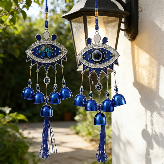 Wind Chime Retro Pendant Devil's Eye Bell Wind Chime Blue Eyes Tassel Metal European and American Decorative Hanging Ornament Ethnic Wind Chime Window Outdoor Balcony Home Decoration