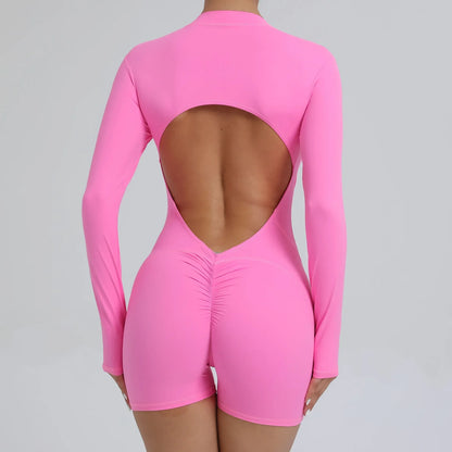 Hollow Scrunch Sport Short Jumpsuits Unitard Gym Women Romper Long Sleeve Zipper Fitness Yoga Overalls Open Back Black Monkeys