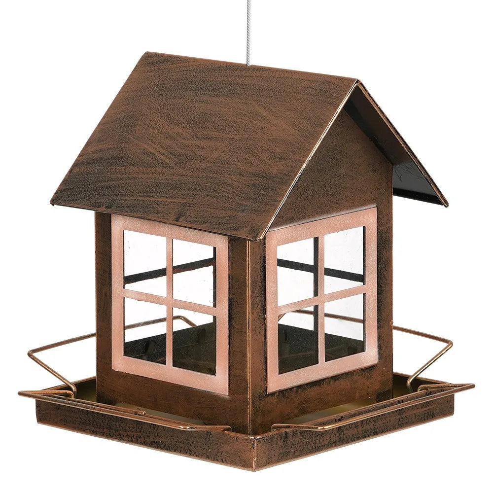 Country Style Hanging Bird Feeder House Shape Large Capacity Bird Food Bowl Windproof Metal Parrot Feeding Station Porch
