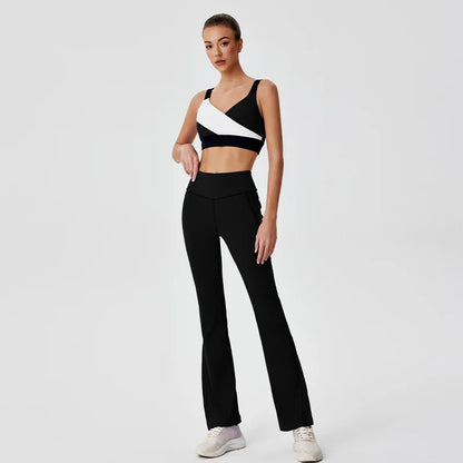 Sports Yoga Clothing Set High Stretch Colorblocking Bra Tank Top Flared Pants Trousers Fitness Clothing