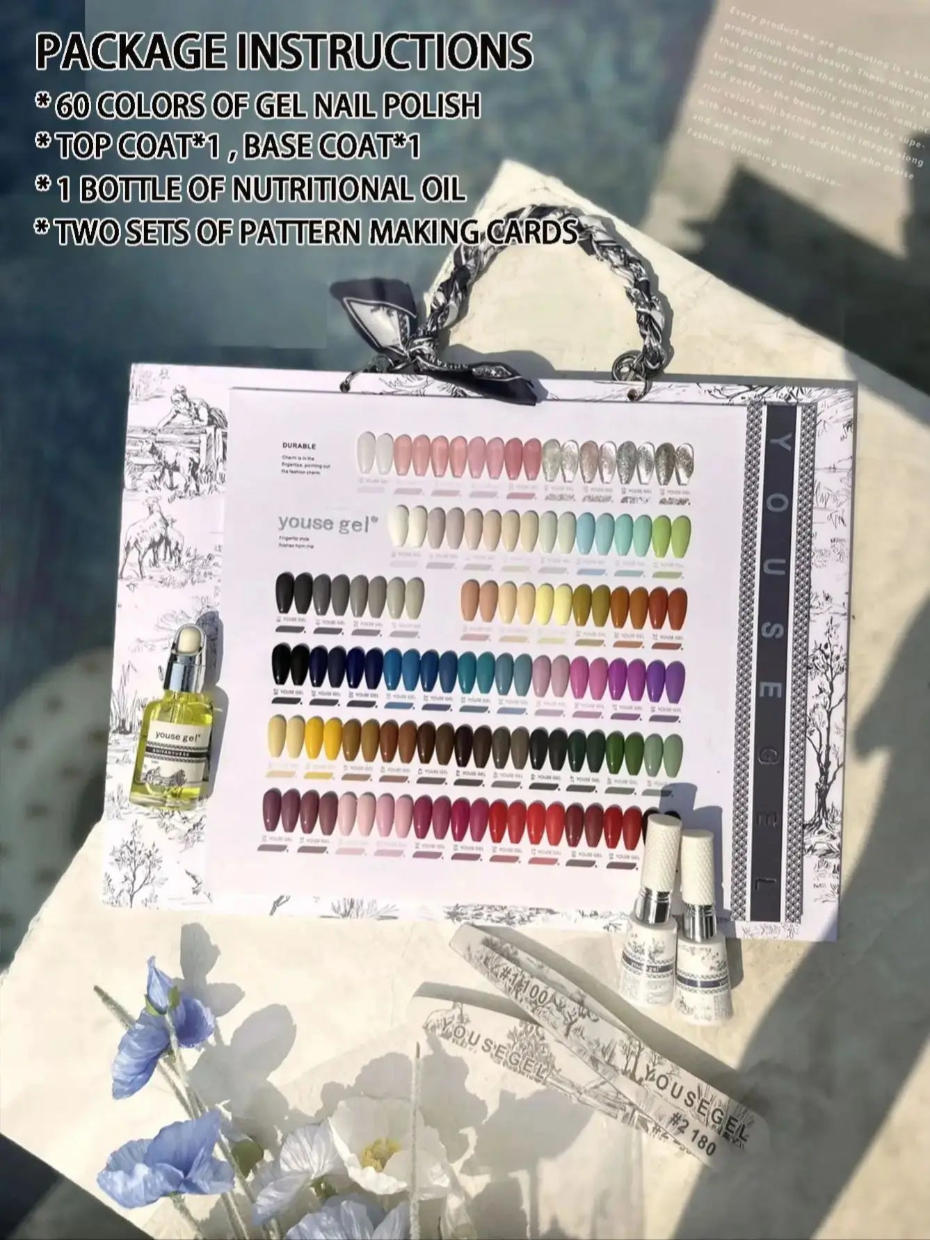 Nail salon gel polish kit, 60 colors of gel polish, 3 nail files, nail cutter oil, and a color chart for display.