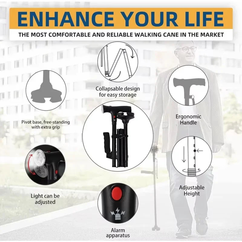 Collapsible Telescopic Folding Cane Elder Cane LED Walking Trusty Sticks Elder Crutches For Mothers The Elder Fathers With Alarm