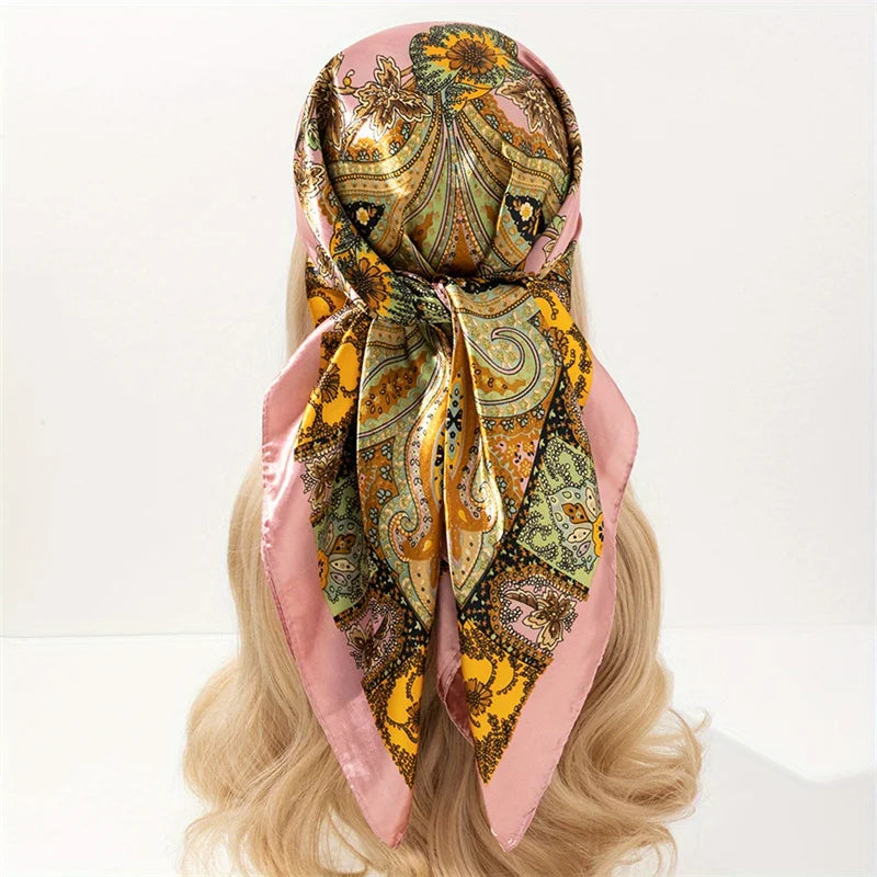 Handkerchiefs Hair Silk Scarf 90*90cm Print Satin Big Square Silk Scarves Shawls for Women Luxury Brand Designer Hijab Headband