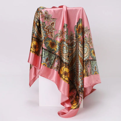 90X90 CM Fashion Print Hair Ribbon Scarf Women Girls Neck Tie Bag Silk Skinny Headscarves Ladies Floral Satin Hair Bandana Wrap