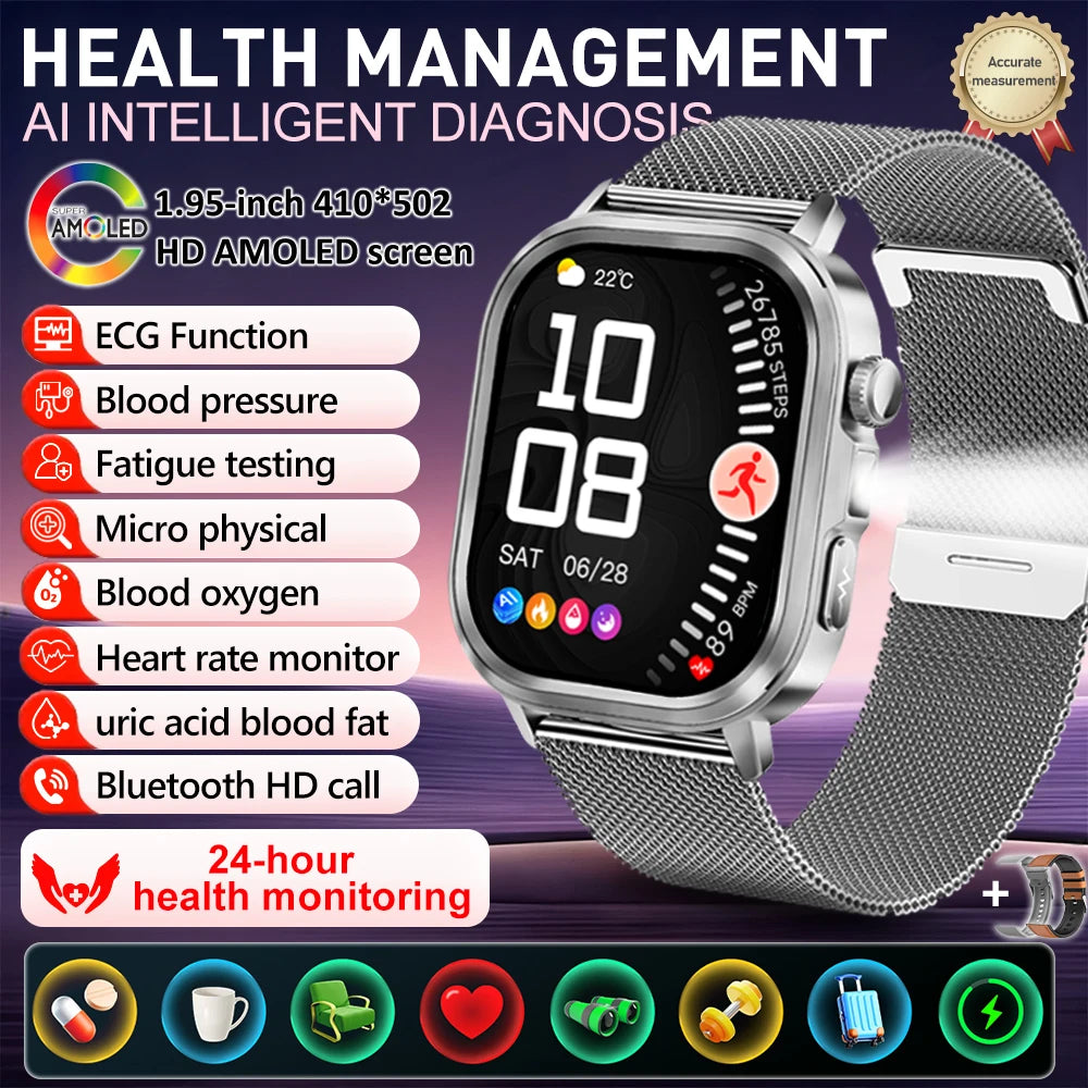 New Accurate Blood Pressure Smart Watch Uric Acid ECG+PPG Blood Oxygen Body Analysis Body Fat LED Flashlight smart watches 2025