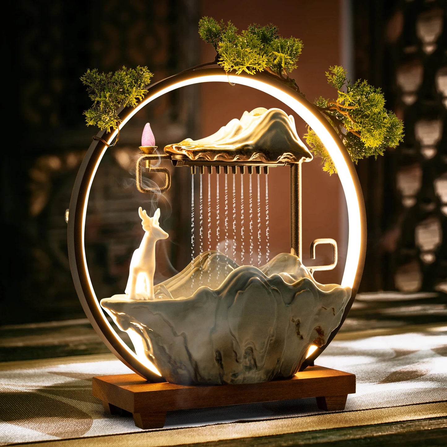 Indoor LED Waterfall Fountain W/ Mist Maker & Warm Light - Home/Yoga Tabletop Zen Water Feature (Deer Motif - Good Luck Symbol)