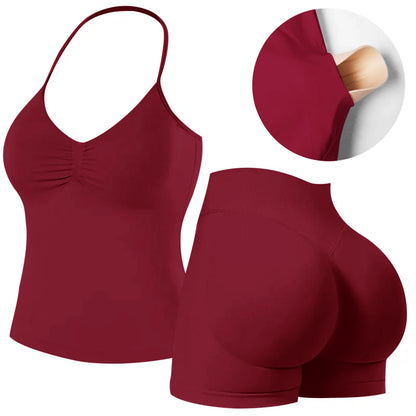 Workout Sets for Women 2 Pieces,  Strappy Top Women's Halter Workout Tank Tops+Scrunch Butt Lifting Booty Gym Yoga Biker Shorts