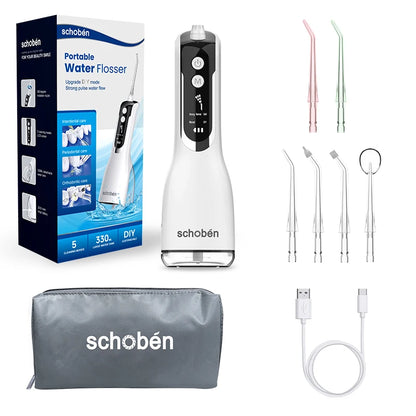 Schoben Portable Oral Irrigator USB Rechargeable Water Flosser Dental Water Jet 330ML Water Tank IPX7 Waterproof Teeth Cleaner