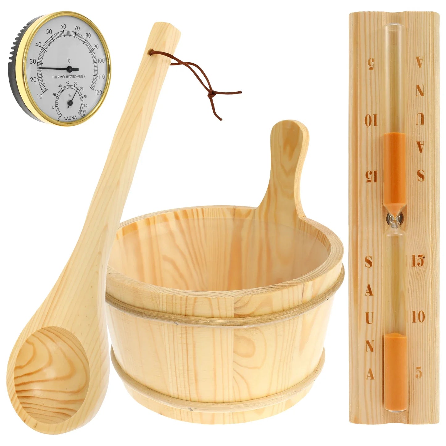 4Pcs Set Sauna Accessories Wood Sauna Bucket Sauna Spoon with Handle Design 2 in 1 Sauna Thermometer&Hygrometer Hourglass Timer