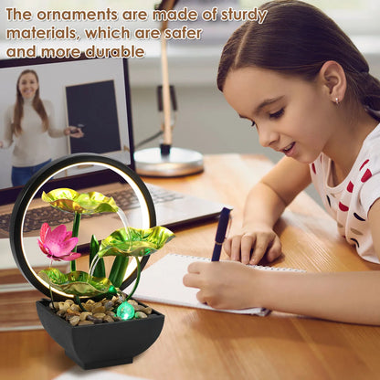 Tabletop Fountain 3-Tiers Lotus Leaf Small Waterfall Fountains Indoor Water Fountain with Rocks and LED Ring Lights Desktop