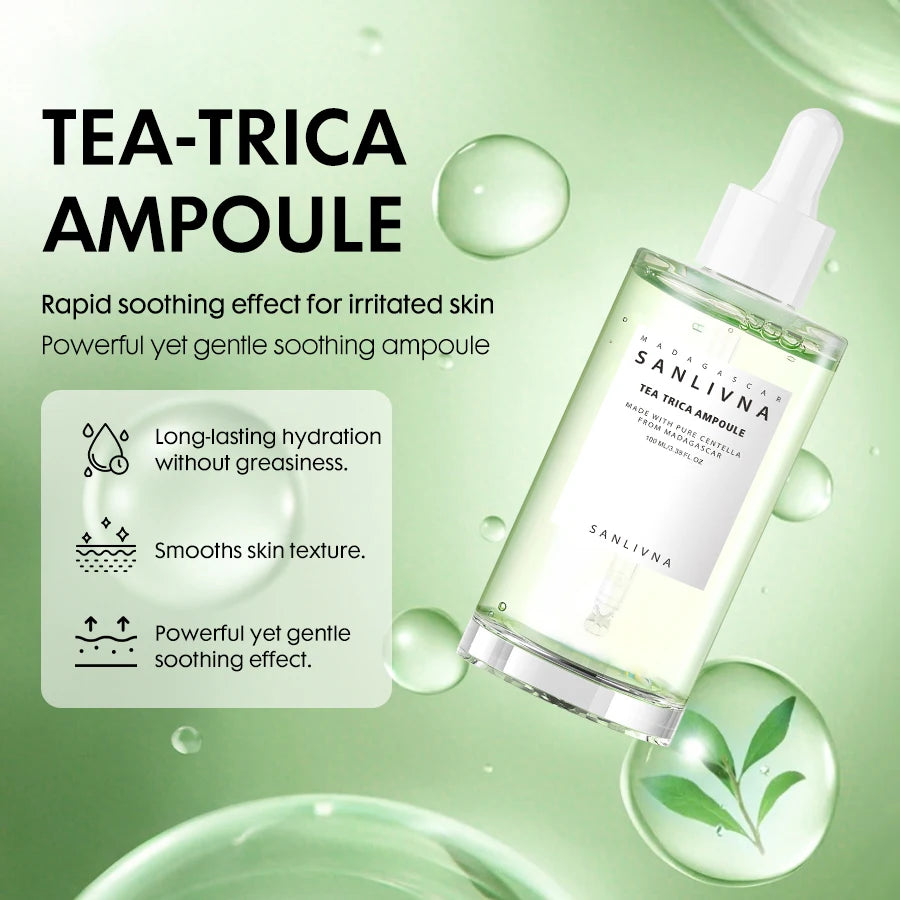 Brighten skin tand revitalizing serum capsules, tea tree facial serum, and moisturizing skincare products improve skin problems.