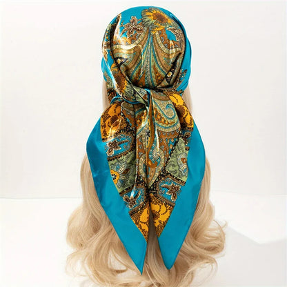 Handkerchiefs Hair Silk Scarf 90*90cm Print Satin Big Square Silk Scarves Shawls for Women Luxury Brand Designer Hijab Headband