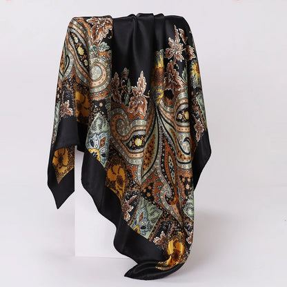 90X90 CM Fashion Print Hair Ribbon Scarf Women Girls Neck Tie Bag Silk Skinny Headscarves Ladies Floral Satin Hair Bandana Wrap