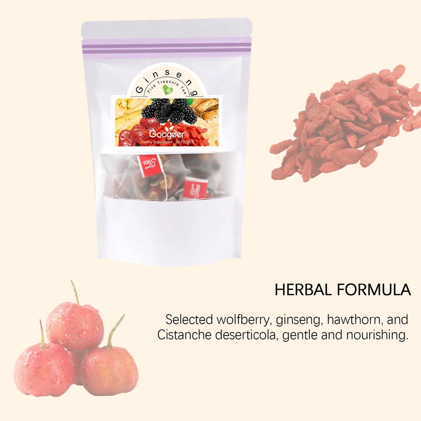 Ginseng Five Treasure Tea Natural Energy Boost Immune Support Herbal Wellness Traditional  Organic Blend Tea Daily Vitality