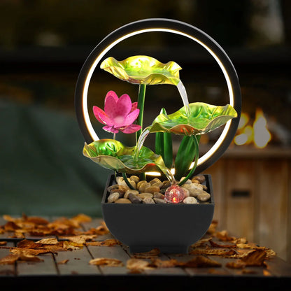 Tabletop Water Fountain USB Powered Relaxation Desktop Waterfall Fountain With Natural Rocks And LED Ring Lights For Home Decor