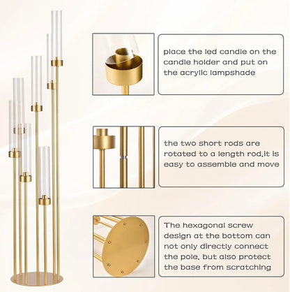 8pcs 7Arm Acrylic Candelabra Table Centerpiece Gold Floor Candle Holder for Table Birthday Party Decor Fit LED Taper Candles