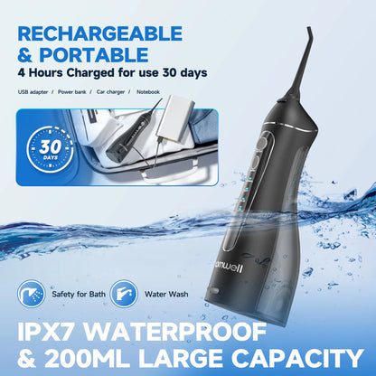 Portable F18 Water Flosser 4 Modes Water Floss USB Rechargeable 4 Nozzles Oral Water Jet 200ml Water Tank Waterproof