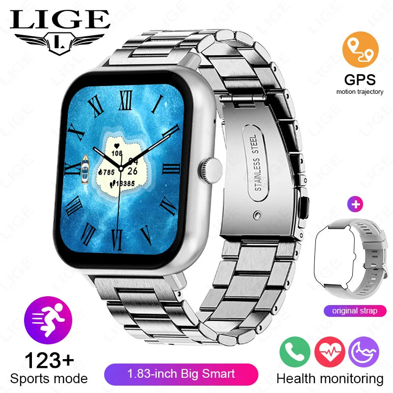 LIGE Sleep Monitoring Smart Watch 1.83” HD Screen Bluetooth Call Pedometer IP67 Waterproof 100+ Sports Modes Smartwatch Men Lady