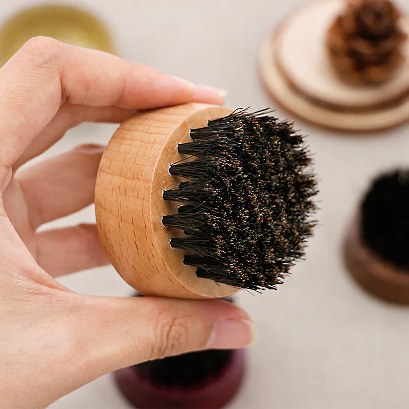 Boar Bristle Beard Brush – Portable Round Beechwood Brush for Men's Beard Care, Hair Styling & Grooming