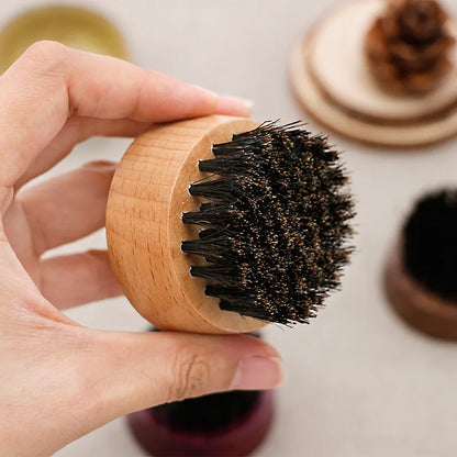 Boar Bristle Beard Brush – Portable Round Beechwood Brush for Men's Beard Care, Hair Styling & Grooming